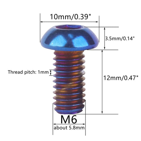 Kickass Titanium Finish M6 Stainless Steel Hex Bolts And Socket Screws For Motorcycle And Car Customs Hella Tough And Corrosion Resistant Burnt Blue Heads Pack Of Ten, showing dimensions and details.