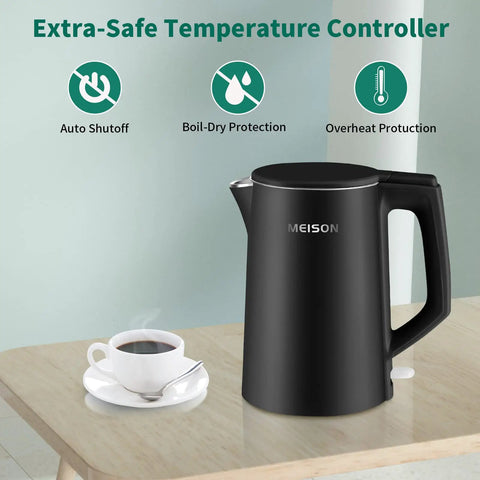 1.7 Liter Electric Kettle With Double Wall Stainless Steel Interior, Fast 1200W Boil, Auto Shut Off, Boil Dry Protection, No Plastic Contact With Hot Water, Coffee And Tea Pot, Black, 2 Year Warranty