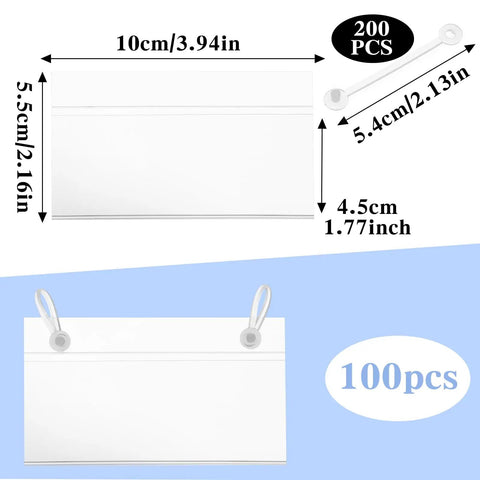 100 Pack Clear Transparent Wire Shelf Label Holders, 10cm x 5.5cm, durable PVC for retail display and pantry organization.