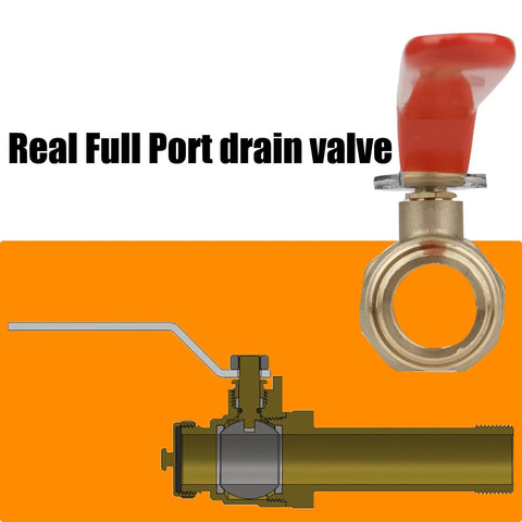 Lead Free Brass Water Heater Drain Valve With Full Port Flow For Faster Draining, 3/4 MIP to 3/4 GHT Connection, red handle