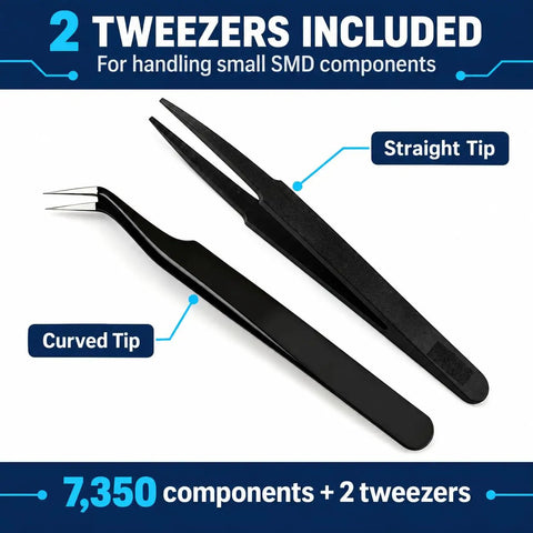 Badass 7350 Piece 0805 SMD Resistor Capacitor Assortment Kit featuring 2 tweezers for handling small SMD components.