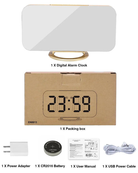 7 Inch LED Mirror Display Alarm Clock With Dual USB Ports, Auto Dim And Night Mode, gold finish, and included accessories