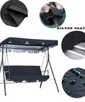 Replacement Canopy Top For Three Seat Outdoor Patio Swing, Black Shade Cover For Porch Garden Seat, shown installed with silver coating and waterproof detail.