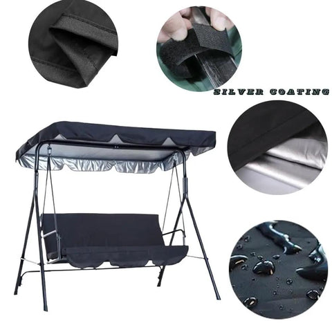 Replacement Canopy Top For Three Seat Outdoor Patio Swing, Black Shade Cover For Porch Garden Seat, shown installed with silver coating and waterproof detail.