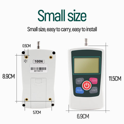 Pro Grade Digital Force Gauge Push And Pull Tester With 100N Range, compact size showcasing buttons and measurement display.