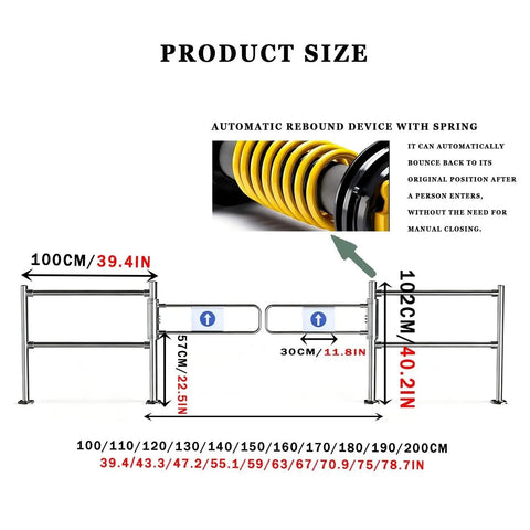 Diagram showing dimensions of Top Shelf Single Swing Stainless Steel Security Gate With Hella Sturdy Railings, highlighting automatic rebound device.
