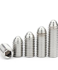Drop In Ready 304 Stainless Steel Spring Ball Plunger Set Screw With Knurled Hex Shaft, various sizes shown.