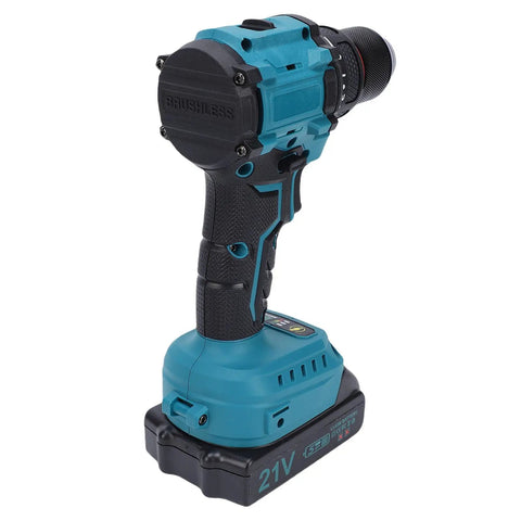 Heavy Duty Brushless Cordless Drill Kit Featuring A Badass 3/8 Inch Keyless Metal Chuck And 25 Position Clutch For Nasty Jobs And Durable Performance Straight Up Built For Every Home Reno Project showing a blue drill with a battery.