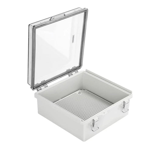 Top Shelf Hella Sturdy Weatherproof Junction Box With Clear Viewing Cover And Din Rail Mounting, open view showing inner grid.