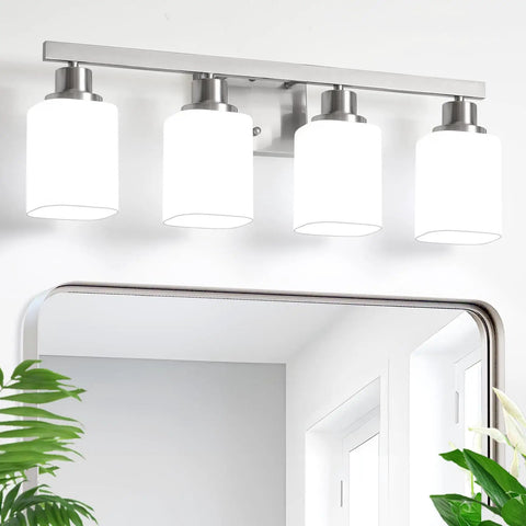 Four Light Brushed Nickel Vanity Light with square frosted glass modern bathroom wall fixture over mirror E26 sconce view