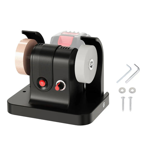 Compact Cordless Bench Grinder With 100 Watt Power For Wood Metal Jewelry Polishing on a stable base with two grinding wheels.