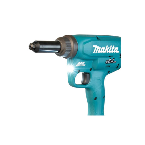 No Nonsense 18V Li Ion Brushless Rivet Gun With Compact Short Body Design For Cramped Workspaces And Knockout Pulling Power Cordless Hand Tool Bare Shell close-up with trigger and nozzle.