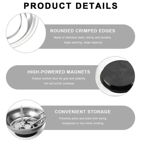 Product details of Two Pack Magnetic Parts Tray Set, Heavy Duty Stainless Steel 3 Inch Round Magnetic Trays For Mechanics