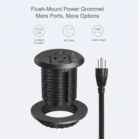 Kick Your Desk Game With This Sleek Black Power Grommet Featuring One AC Outlet Paired With Reliable USB A And Fast Charging USB C Ports For Smooth Tech Hookups And Clean Workspace Vibes. Flush-mount design, compact size.