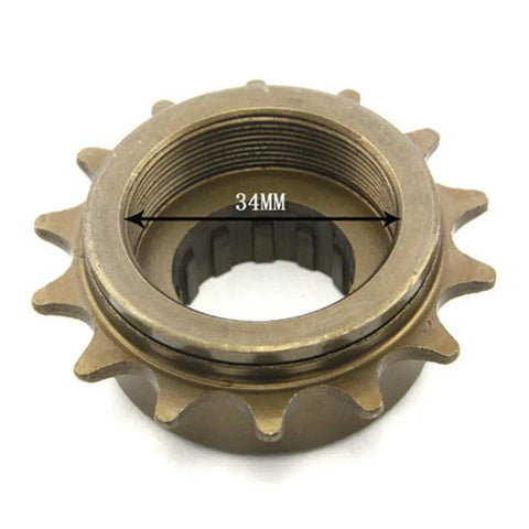 14-Tooth 34mm Single Speed Freewheel Flywheel Sprocket made of steel showing inner threading and size marking for bicycles.