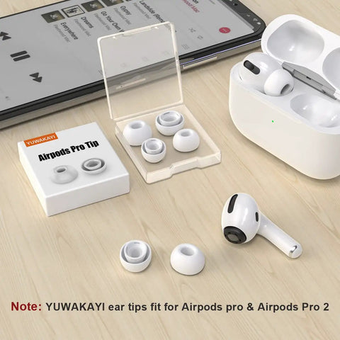Top Notch Replacement Ear Tips For Apple Airpods Pro 1St And 2Nd Generation Hella Comfortable Silicone Earbud Caps Featuring Dual Noise Rejection Side Vents Straight Up Secure Fit For Everyday Use In White with a clear case and AirPods.