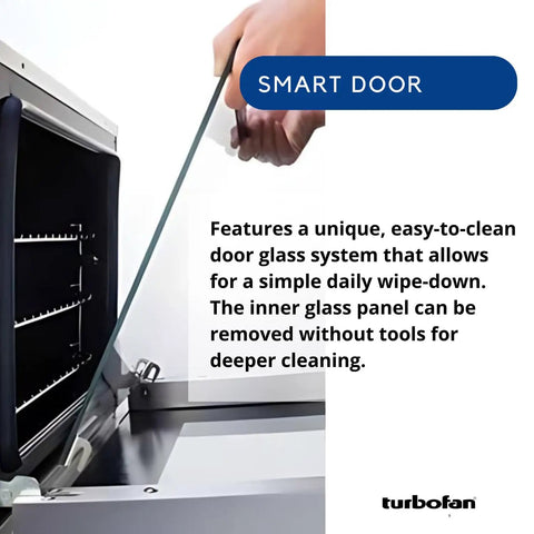 Close-up of Heavy Duty Double Stack Countertop Electric Convection Oven With Manual Temperature Dial And Mobile Casters showing easy-clean glass door.