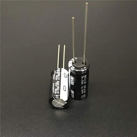10 Pcs 270uF 50V HD Series Aluminum Electrolytic Capacitor 10x20mm showing two electrolytic capacitors on a black surface.