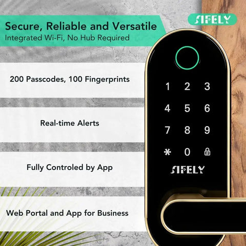 Slick Built In Wifi Smart Door Lock With Handle And Keypad Quick Keyless Fingerprint Biometric Scanner App Remote Access Auto Lock Front Door No Sweat Diy Setup close-up showing keypad and biometric features.