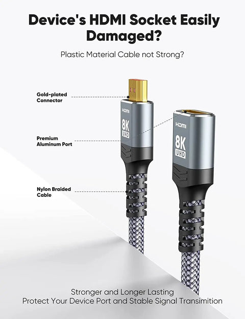 Close-up of Zero Latency HDMI 2.1 Male To Female Extension Cable with gold-plated connector and nylon braided design.