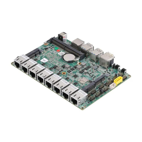Badass Fanless Mini PC Barebone Loading Intel Core I7-10510U With Eight Dope 2.5G Lan Ports showing motherboard with multiple ports.