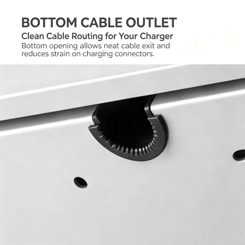 Bottom cable outlet view of Built Different Wall Mounted EV Charger Protection Box with Lock for clean cable routing.