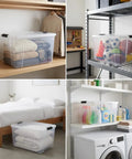 60 Quart Clear Plastic Storage Bins With Secure Latching Lids hold blankets, sports gear, and cleaning supplies for home organization.
