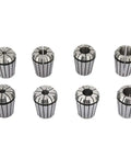 Rock Solid Er32 Balance Collet Chuck Set Made With Heavy Duty Manganese Steel For Mad Precision Cnc Milling And Lathe Work Built Tough To Grind All Day Without Breaking A Sweat 8 Piece Kit showing eight manganese steel collets.