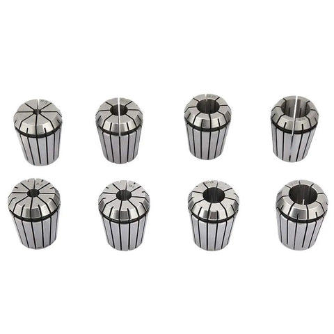 Eight Piece ER32 Spring Collet Set Built With Badass Manganese Steel Toughness For Smooth CNC Milling Lathe Engraving And Shock Absorbing Tool Grips That Stay Tight All Day Long, showcasing eight steel collets.