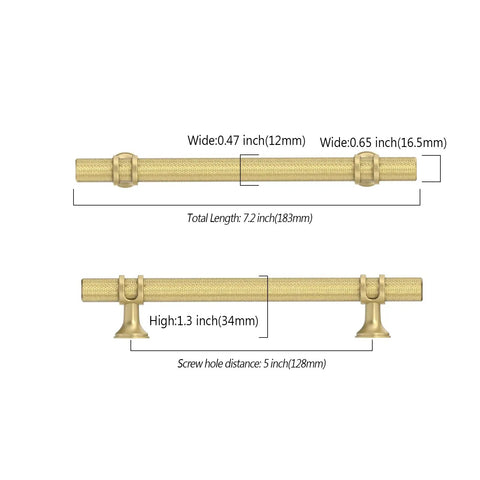 Slick 10 Pack Knurled Brushed Gold Cabinet Handles 5 Inch Center To Center For Kitchen Cupboard Drawer Pulls showing dimensions and design.