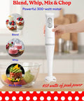 Slick Two Speed Hand Blender With Beast Mode 300W Peak Motor and Nifty 20oz Mixing Cup in kitchen setting.