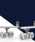 Heavy Duty Zinc Alloy Sliding Door Rollers 4 Pack Adjustable Height Double Wheel Track Pulleys on white and navy background.