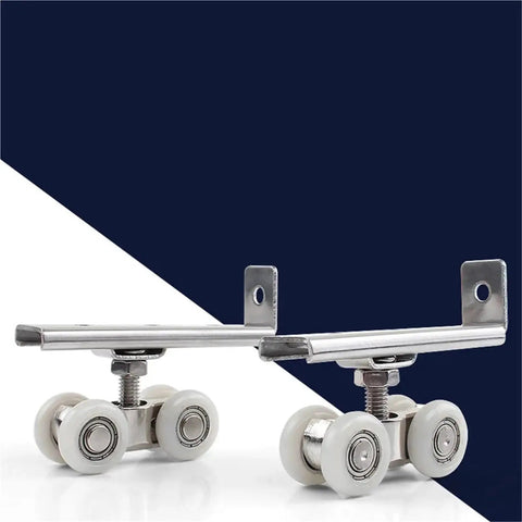 Heavy Duty Zinc Alloy Sliding Door Rollers 4 Pack Adjustable Height Double Wheel Track Pulleys on white and navy background.