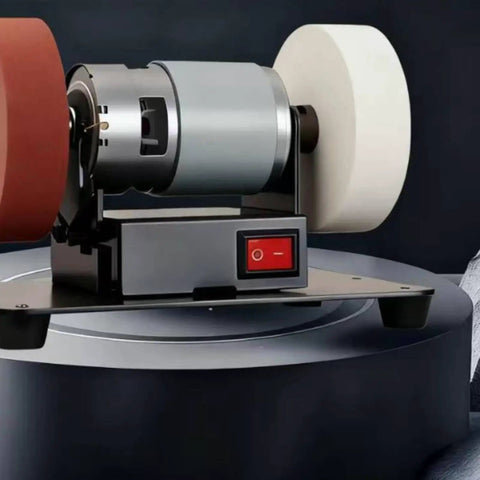Damn Near Perfect Compact Workbench Featuring Ball Bearing Rollers Designed For Desktop Grinding Machines and Serious Home Repair Shops Built To Crush Heavy Tasks Reliably, showing motor and abrasive discs.