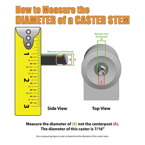 How to measure the diameter of a caster stem showing a measuring tape and diagrams for accurate measurement.