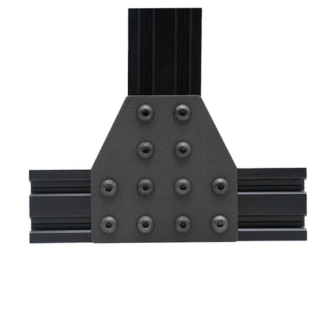 Top view of black 8 Sets T Shape Joint Plate Connectors Corner Brackets for 2040 Aluminum Extrusion with fasteners.