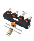 Four Way Garden Hose Splitter Valve Kit For Easy No Fuss Irrigation Setup, 16Mm Hose Fittings, Durable Orange Tap Adapter, All In One Four Way Water Connector For Lawn, Plants, And Landscaping. Black four-way hose splitter with 16 mm and 3/4 inch thread labels.