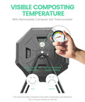 Upgraded Dual Chamber Tumbling Compost Bin With Built In Thermometer For Backyard Garden Vibe 43 Gallon Green Easy To Rotate And Maintain Temperature On Point For Faster Nutrient Rich Compost, shown with removable compost soil thermometer.