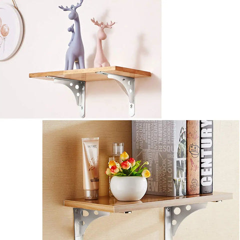 Heavy Duty Shelf Brackets 4 Pack 8 Inch Stainless Steel Wall Corner Supports with wooden shelf and decor
