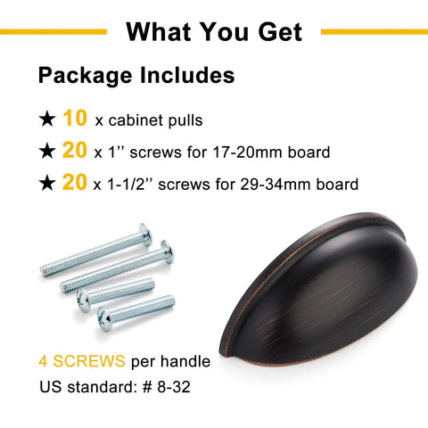 Three Inch Oil Rubbed Bronze Cup Pulls For Cabinets And Drawers Solid Metal Hardware 10 Pack Includes Matching Screws with screws included