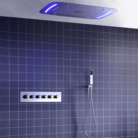 Straight Up Luxury Ceiling Mount Shower System With Remote Led Head And Mist Waterfall Spray Boasting Smart Temp Control And Heavy Duty Rust Proof Body, featuring modern design and sleek finish.
