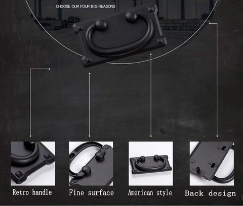 Six Pack Vintage Antique Bronze And Antique Black Drawer Ring Pull Handles, focus on retro design and fine surface details.
