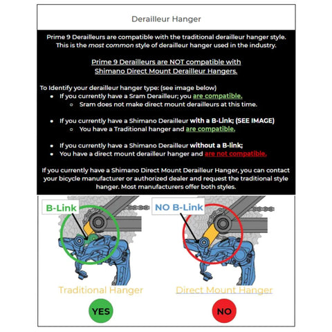 Diagram showing derailleur hanger compatibility for mountain bike drivetrains with B-Link and without B-Link.