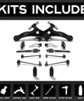 14 Piece Front Lower Control Arm And Ball Joint Suspension Rebuild Kit Bolt On Drop In Fix For 2004 2006 Lexus ES330 And Toyota Camry components displayed including control arms, ball joints and tie rods.