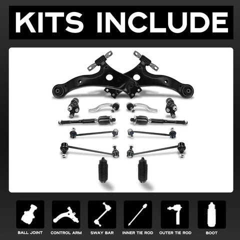 14 Piece Front Lower Control Arm And Ball Joint Suspension Rebuild Kit Bolt On Drop In Fix For 2004 2006 Lexus ES330 And Toyota Camry components displayed including control arms, ball joints and tie rods.