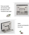 Pair Of Premium 304 Stainless Steel Shower Door Hinges Built Damn Tough For Frameless Glass Doors Featuring A Slick Brushed Finish And Dead Solid 90 Degree Swinging Motion, showcasing a sturdy hinge with a thickened steel plate.