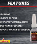 Red High Strength Permanent Thread Locker Sealant for Large Fasteners, Anaerobic Locking Compound, 0.34 Oz bottle, features list