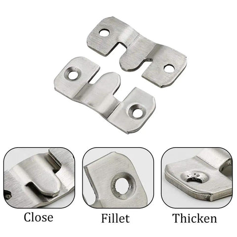 Heavy Duty Stainless Steel Z Clips Flush Mount Brackets For Picture Frames Canvas Wall Hanging Rustproof Quick Snap Hardware Easy Install Kit Comes With 10 Pack close-up view of two stainless steel z clips with holes.