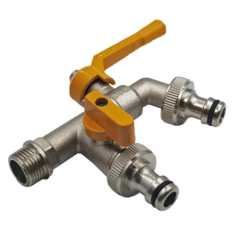Garden Hose Faucet Adapter One Half Inch Water Tank Connector for Quick Irrigation Setup Two Way and One Way Brass Tap Joint Replacement with Ball Valve for Easy Water Flow Control, brass with orange handle
