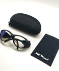 Heavy Duty Laser Safety Glasses For YAG Fiber Laser Engraver with case and cleaning cloth, rugged black nylon frames.